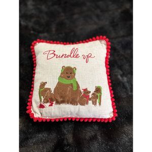 St Nicholas Brand Mini Bears Bundle Up 9 x 9 Square Pillow Embroidery Detail